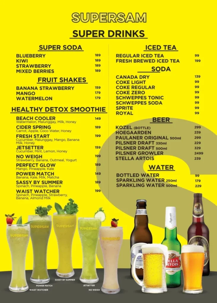 SUPERSAM SUPER SODA AND SUPERSAM FRUIT SHAKES AND SUPERSAM ICED TEA AND SUPERSAM SODA MENU PRICES