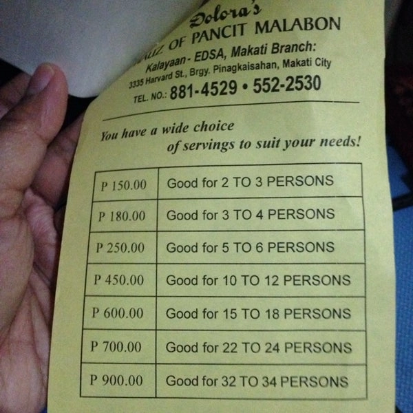 DOLORA’S PANCIT MALABON PRICES