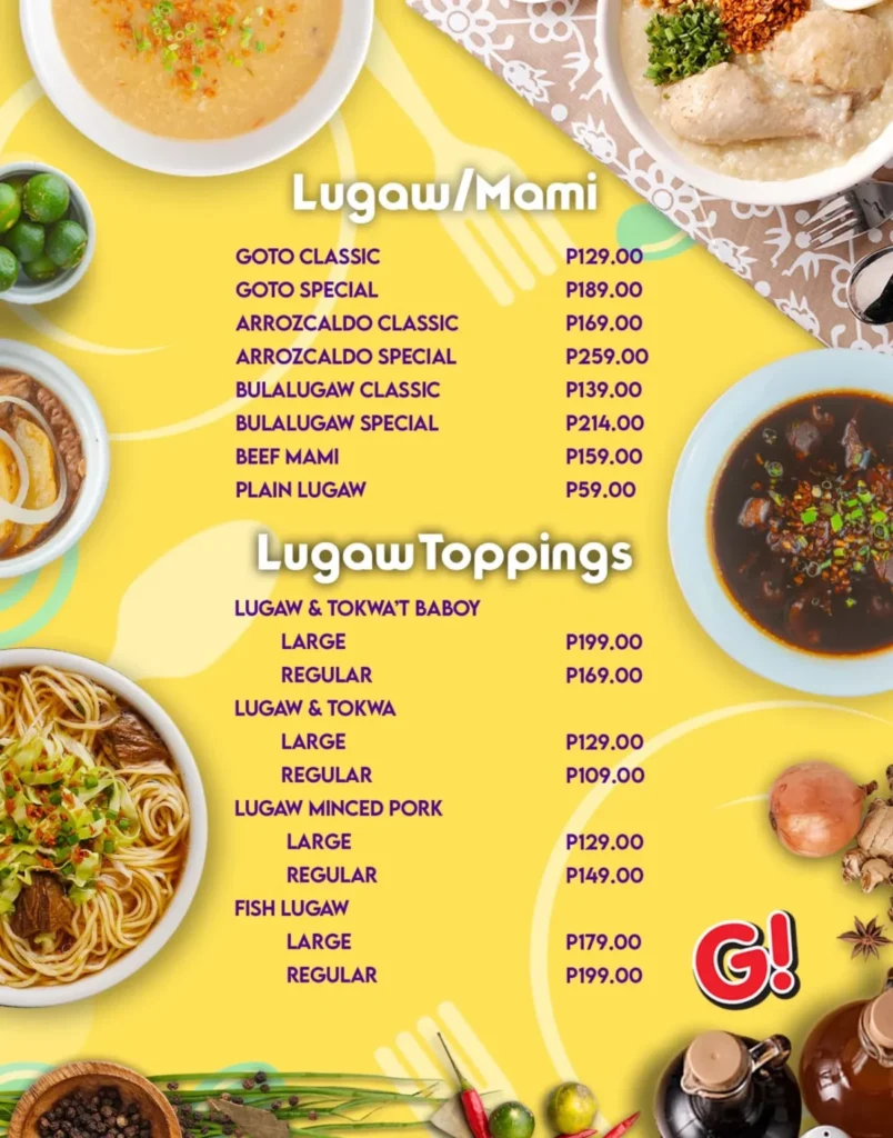 GOODAH LUGAW MENU PRICES GOODAH LUGAW TOPPINGS PRICES