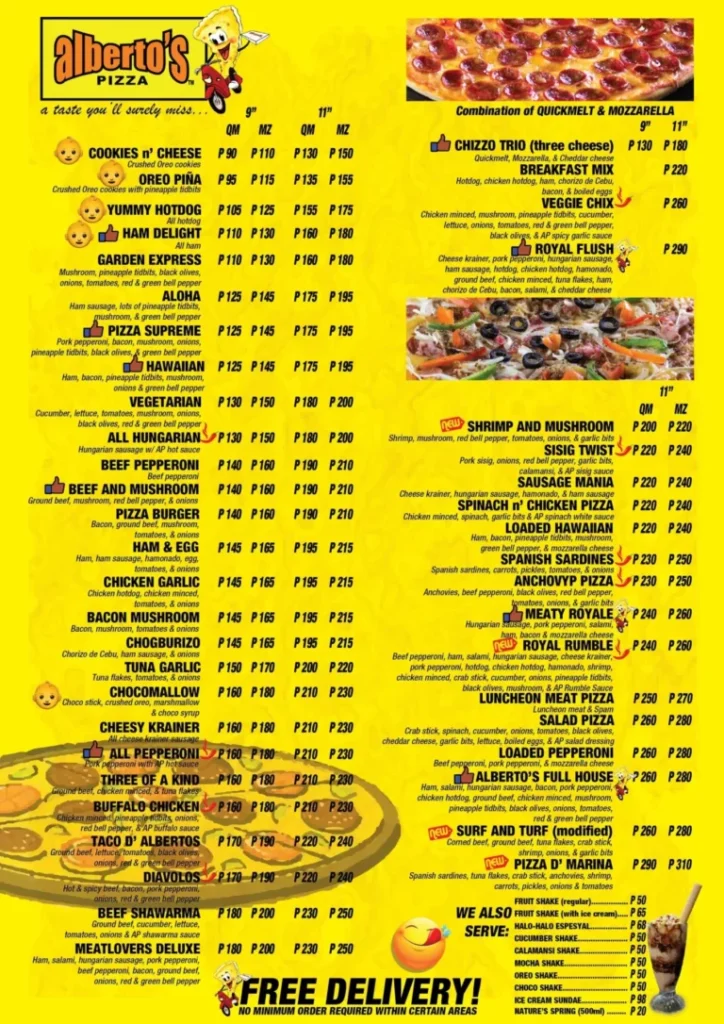 ALBERTO’S PIZZA MENU WITH PRICES