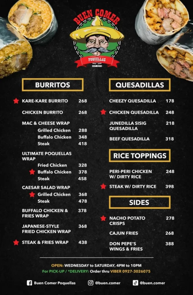 BUEN COMER BURRITOS MENU WITH PRICES BUEN COMER QUESADILLAS PRICES