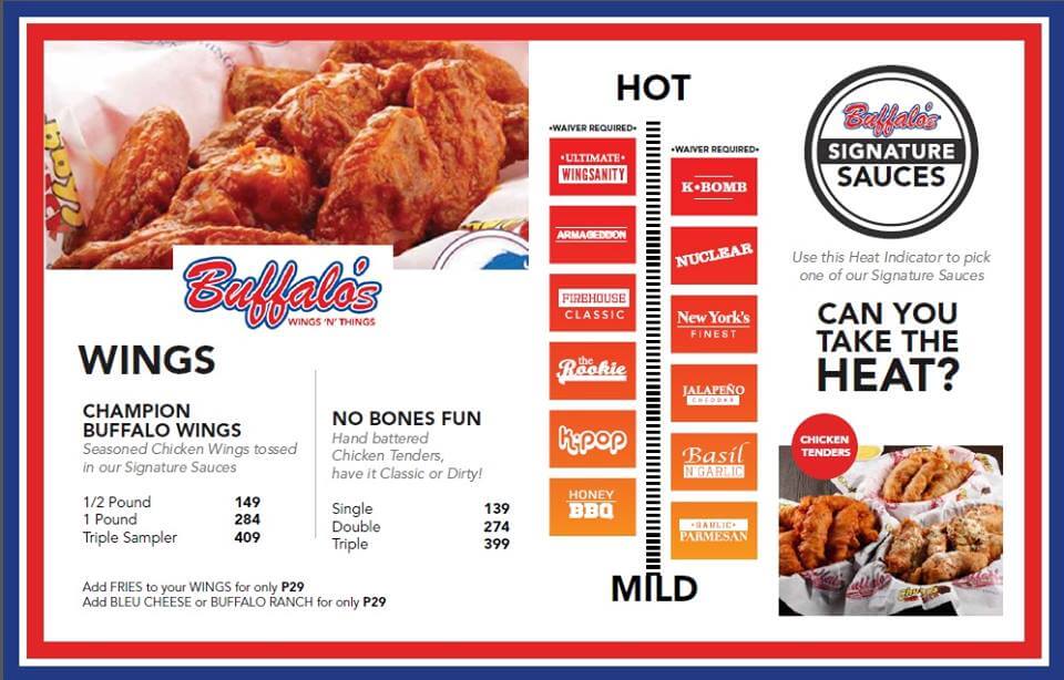 BUFFALO’S WINGS N’ THINGS CHAMPION BUFFALO WINGS MENU WITH PRICES
BUFFALO’S WINGS N’ THINGS NO BONES FUN PRICES