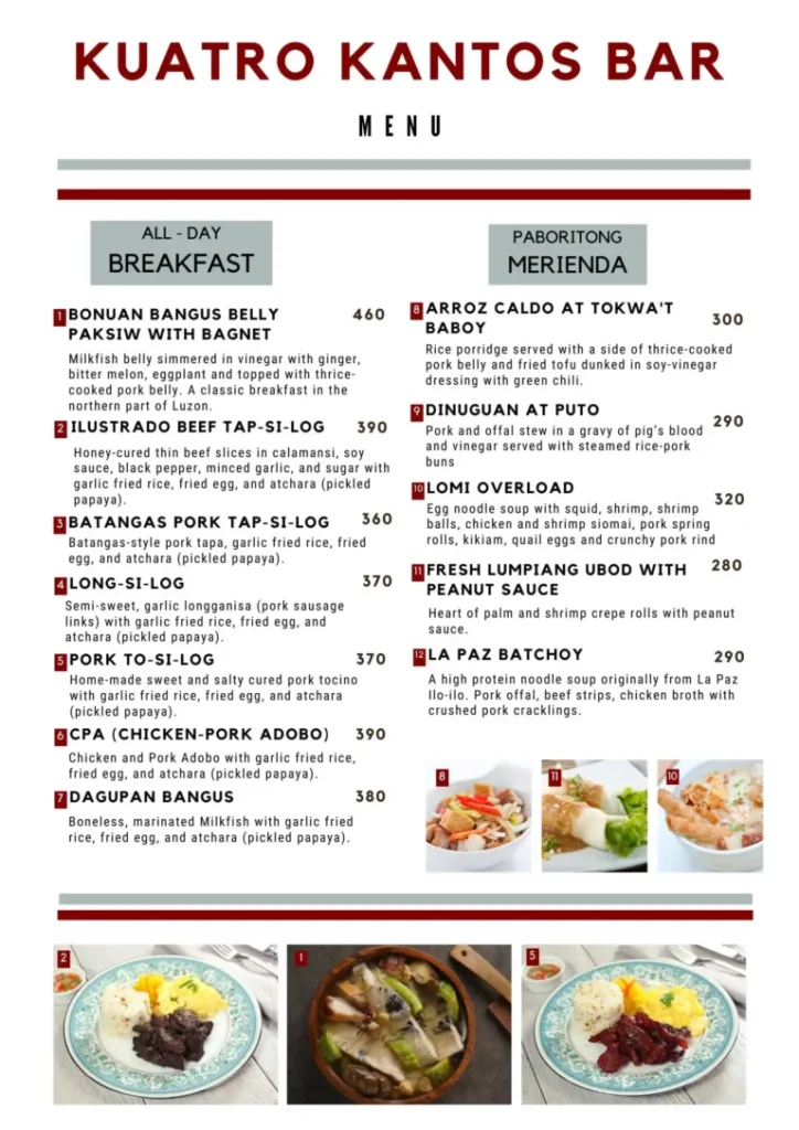 ILUSTRADO BREAKFAST MENU WITH PRICES