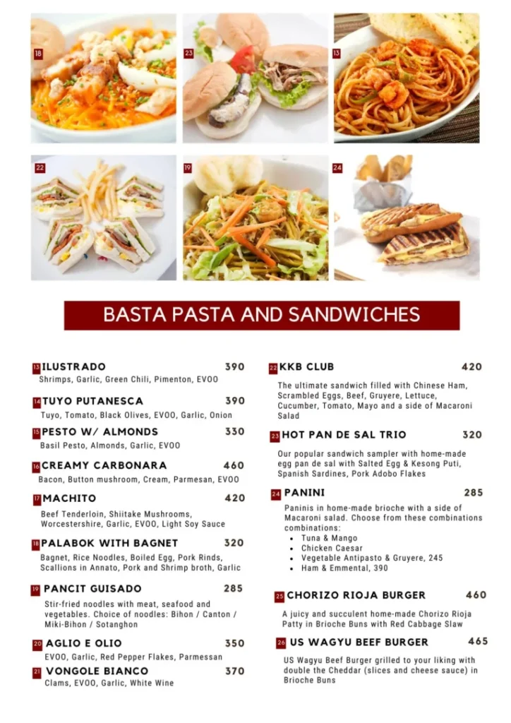 ILUSTRADO PASTA & NOODLES PRICES ILUSTRADO SANDWICHES MENU PRICES