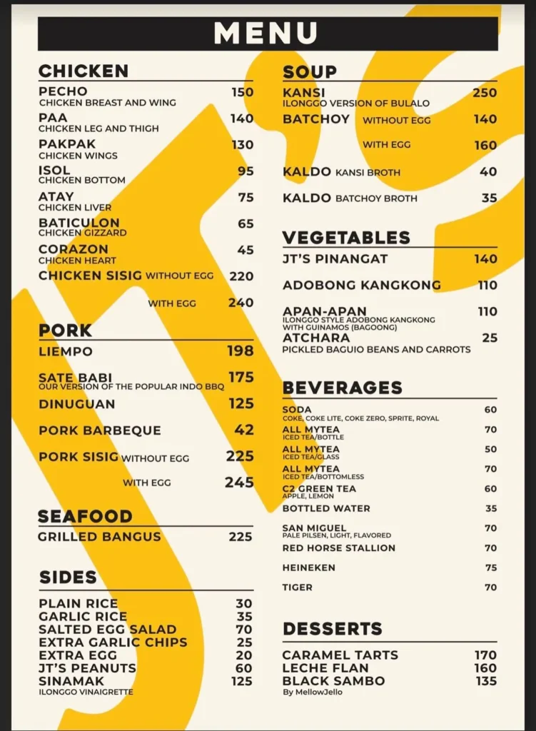 JT’S CHICKEN MENU WITH PRICES JT’S PORK PRICES JT’S SOUP PRICES