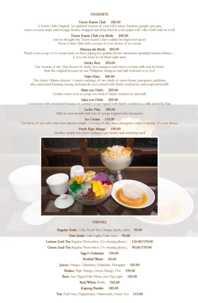 KANIN CLUB DESSERTS MENU PRICES