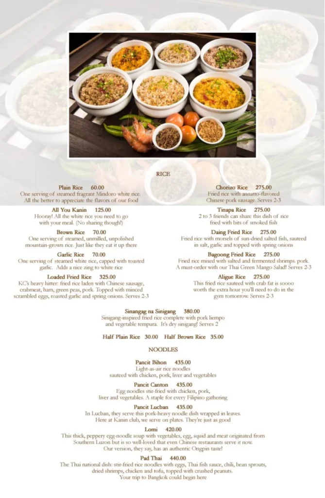 KANIN CLUB MAIN DISHES MENU PRICES