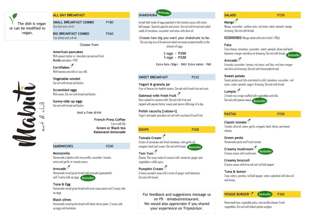 MABUTI ALL DAY BREAKFAST MENU WITH PRICES MABUTI SWEET BREAKFAST PRICES
MABUTI SANDWICHES PRICES