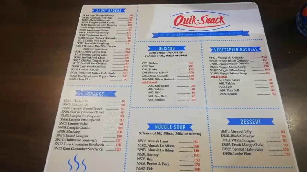 QUIK SNACK STIR FRIED MENU WITH PRICES 
QUIK SNACK NOODLE SOUP MENU PRICES
QUIK SNACK MAINS PRICES