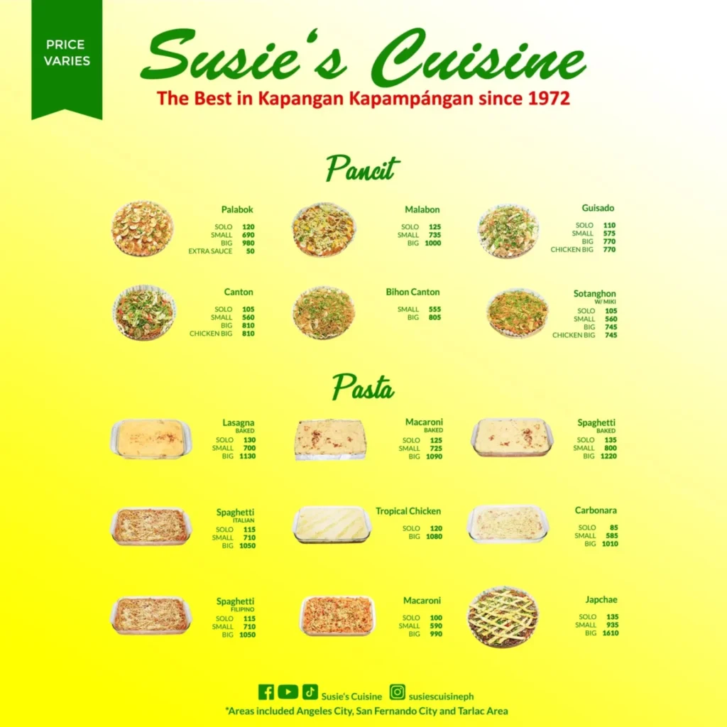 SUSIE’S CUISINE PASTA PRICES SUSIE’S CUISINE MENU PANCIT PRICES